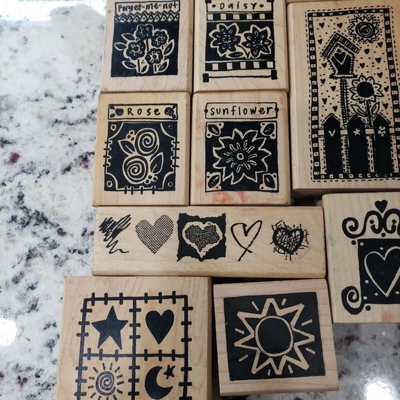 A Stamp In The Hand Co Wood Backed Rubber Stamp Lot Hearts Flowers Coffee Sun - Picture 5 of 10